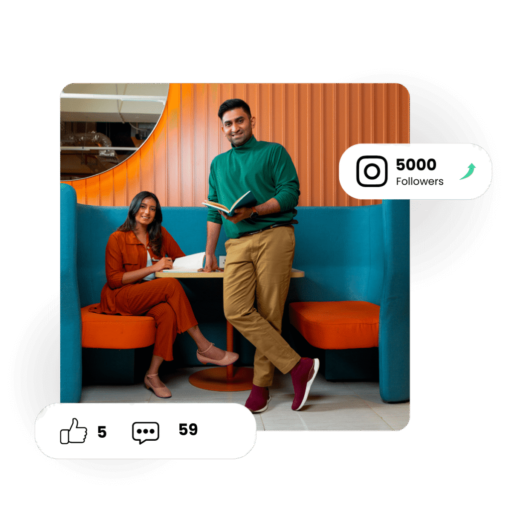 "A photograph of a smiling Indian man and woman, both holding notebooks, in a modern, orange-and-blue office lounge. The image has social media data overlays: a white pill button in the top-right shows the Instagram logo, "5000 Followers," and a green upward-arrow icon. A white footer pill button at the bottom-left shows a hand icon and the number "5," and a speech bubble icon with the number "59.""